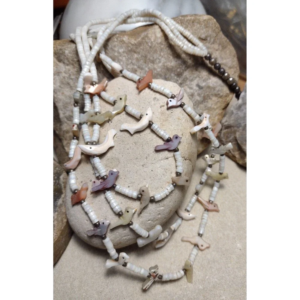 Vintage Fetish Bird Triple Strand Heishi MOP Necklace